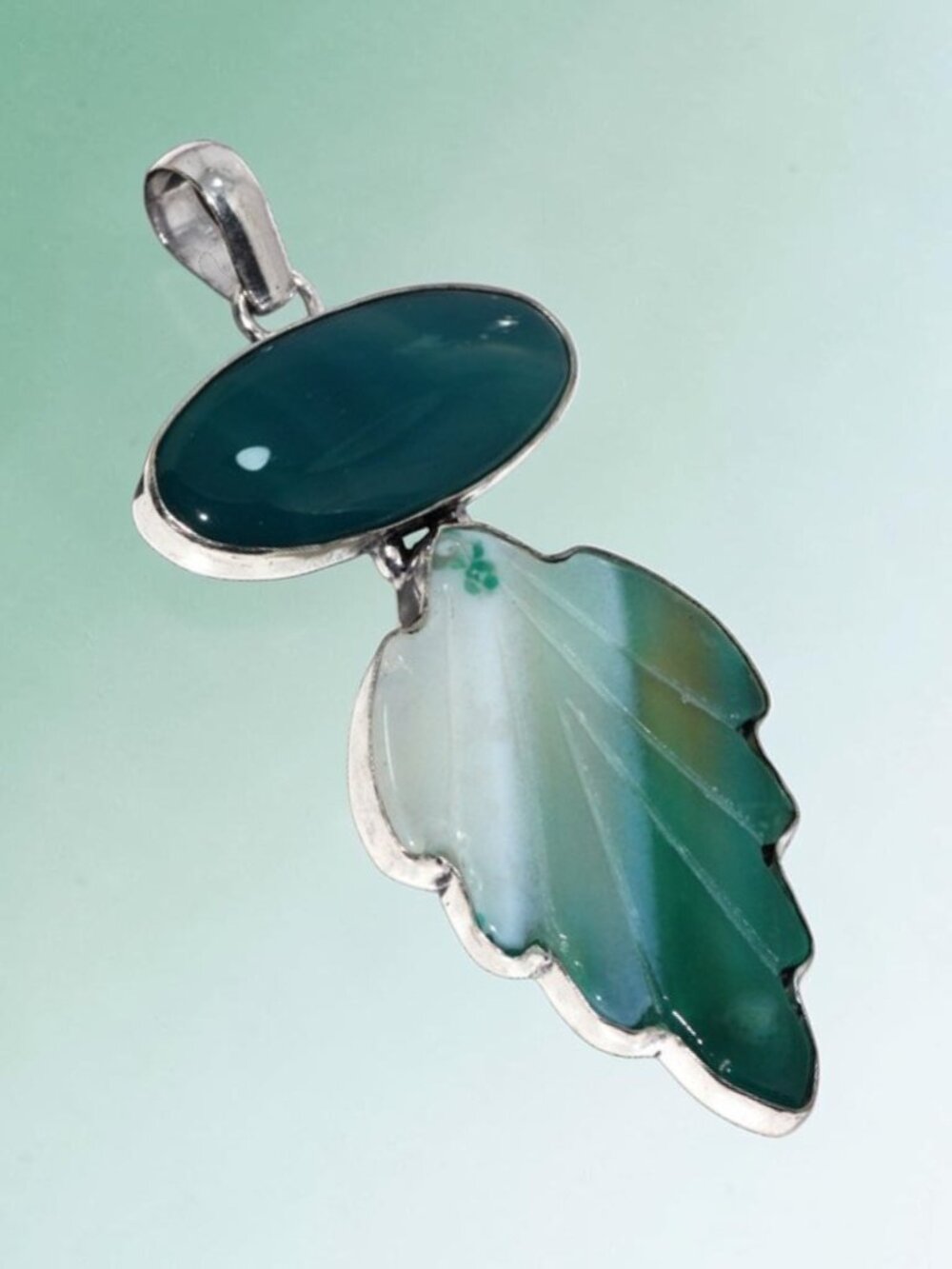 Botswana Agate Green Onyx 925 Silver Plated Leaf Pendant 3"